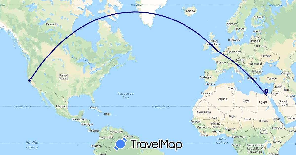 TravelMap itinerary: driving in Egypt, United Kingdom, United States (Africa, Europe, North America)